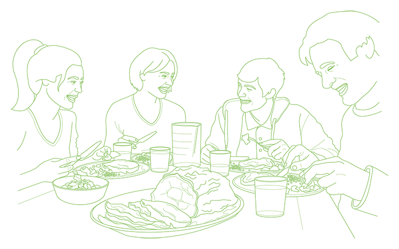 Illustration: zeigt Menschen beim Essen und Trinken